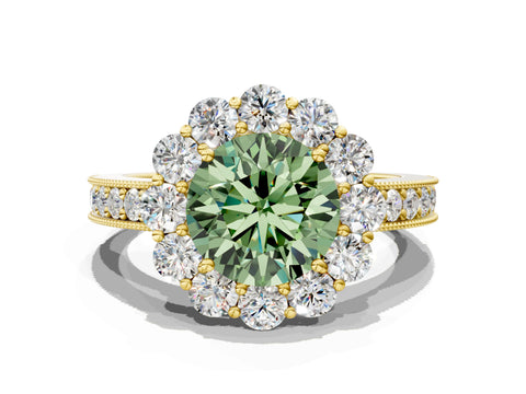 Yellow gold Fancy Green Round Cut Cut Halo Diamond Pavé Engagement Ring with Milgrain Detailing