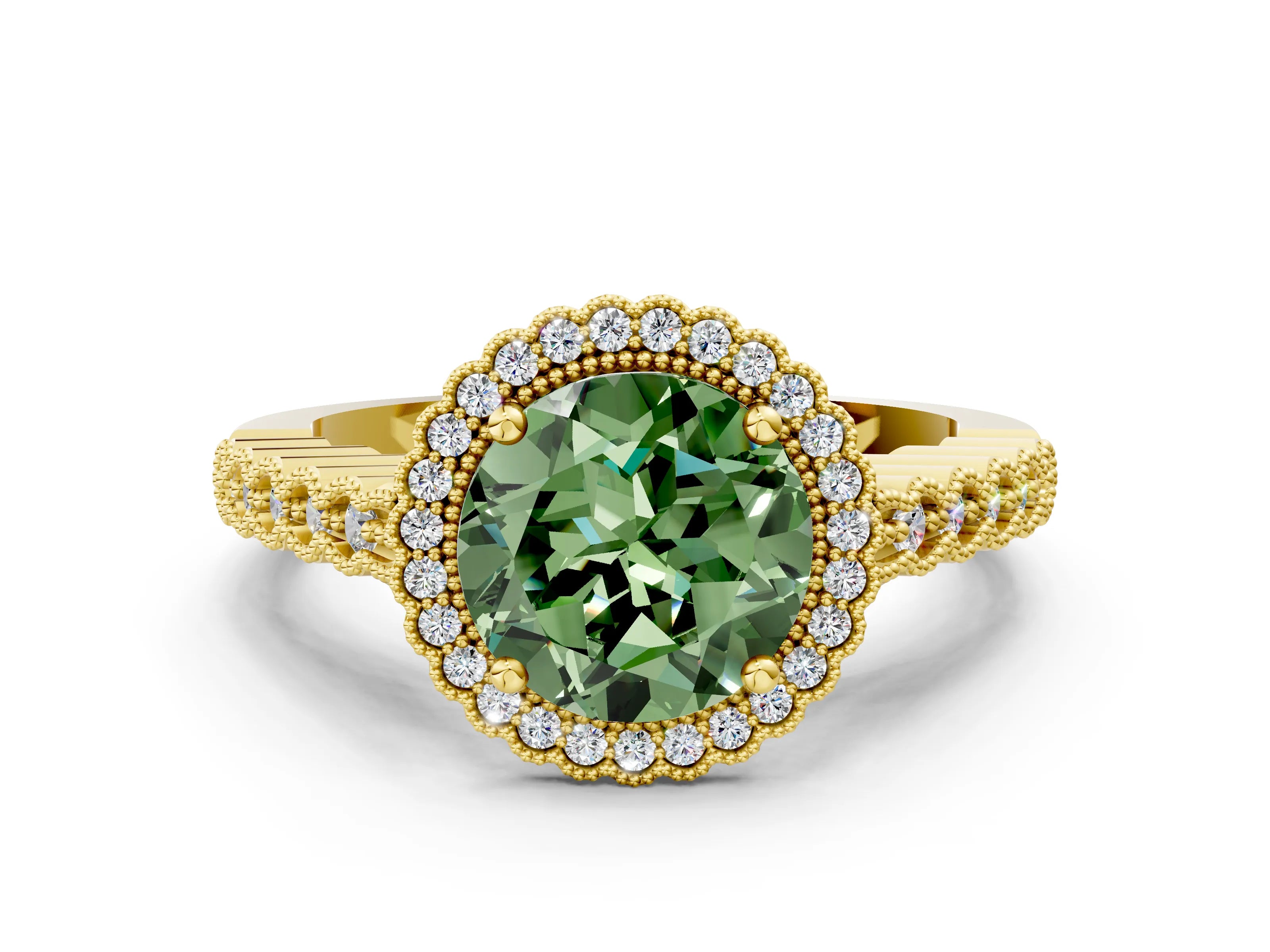 Yellow gold Fancy Green Round Cut Cut Halo Pavé Solitaire Ring with Milgrain Band