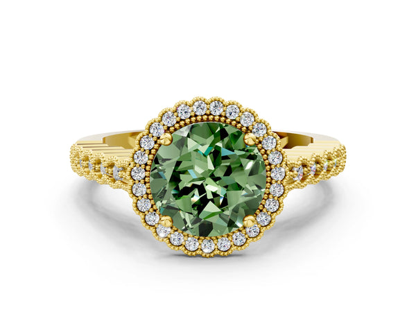 Yellow gold Fancy Green Round Cut Cut Halo Pavé Solitaire Ring with Milgrain Band