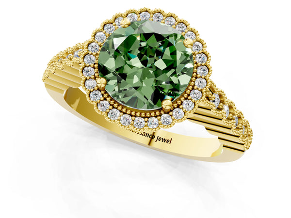 Yellow gold Fancy Green Round Cut Cut Halo Pavé Solitaire Ring with Milgrain Band