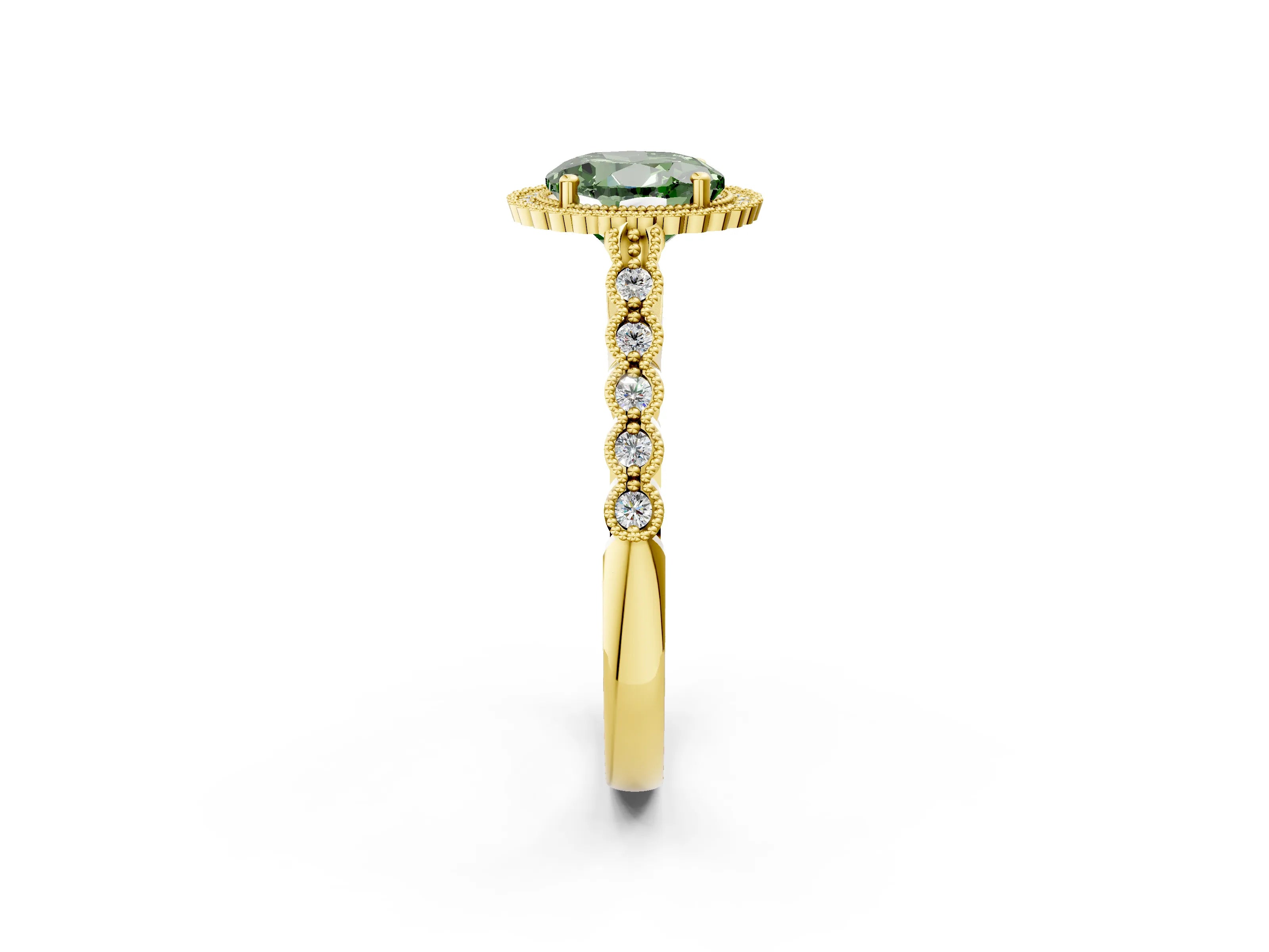 Yellow gold Fancy Green Round Cut Cut Halo Pavé Solitaire Ring with Milgrain Band_2