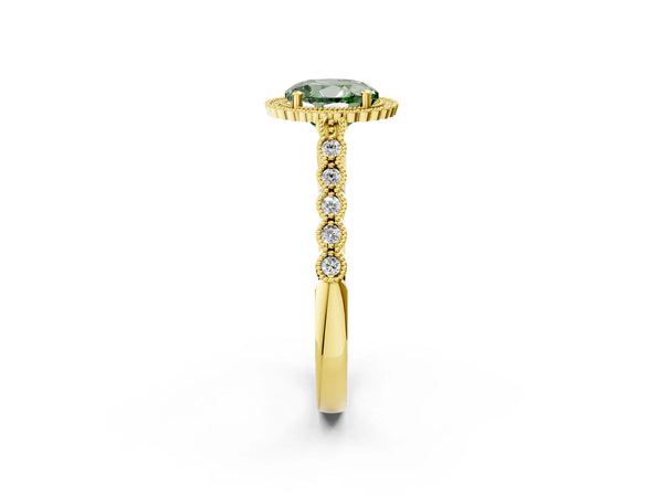 Yellow gold Fancy Green Round Cut Cut Halo Pavé Solitaire Ring with Milgrain Band