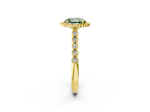 Yellow gold Fancy Green Round Cut Cut Halo Pavé Solitaire Ring with Milgrain Band_2