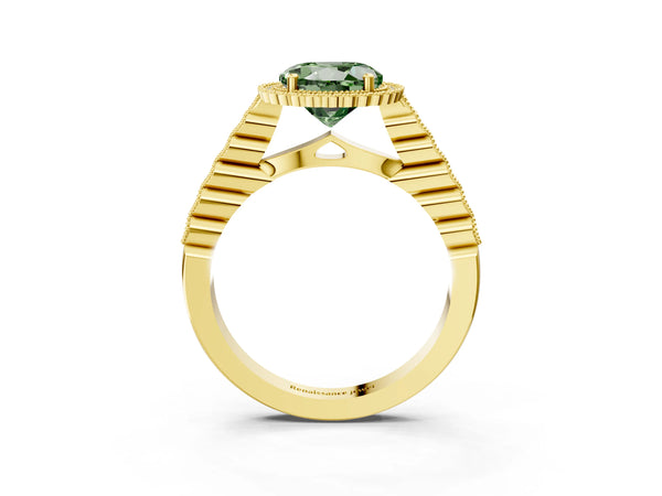 Yellow gold Fancy Green Round Cut Cut Halo Pavé Solitaire Ring with Milgrain Band