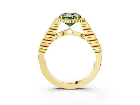 Yellow gold Fancy Green Round Cut Cut Halo Pavé Solitaire Ring with Milgrain Band_3
