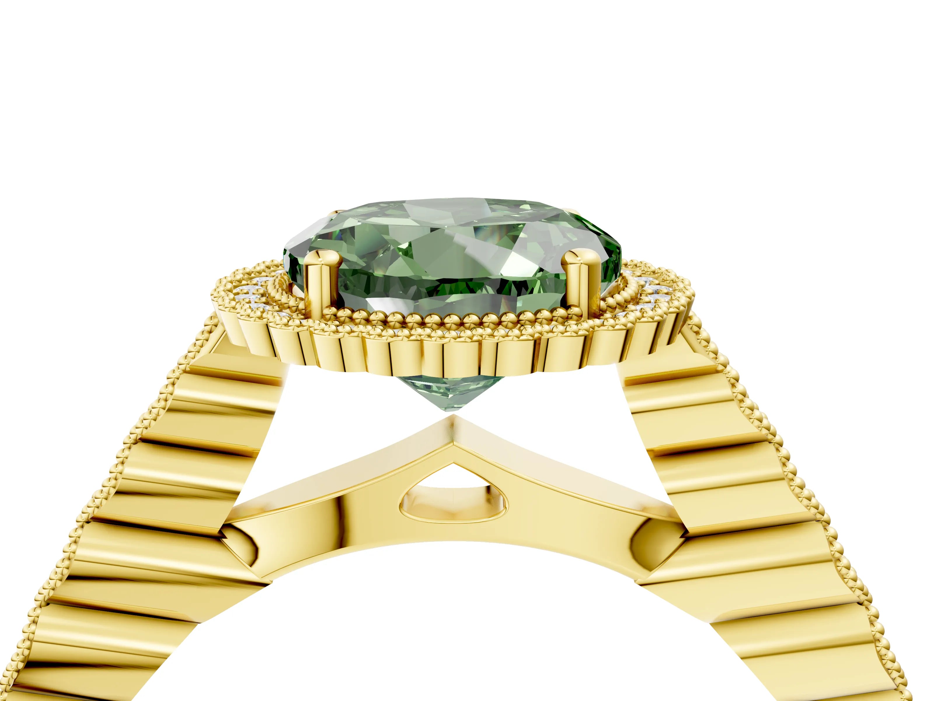 Yellow gold Fancy Green Round Cut Cut Halo Pavé Solitaire Ring with Milgrain Band_4