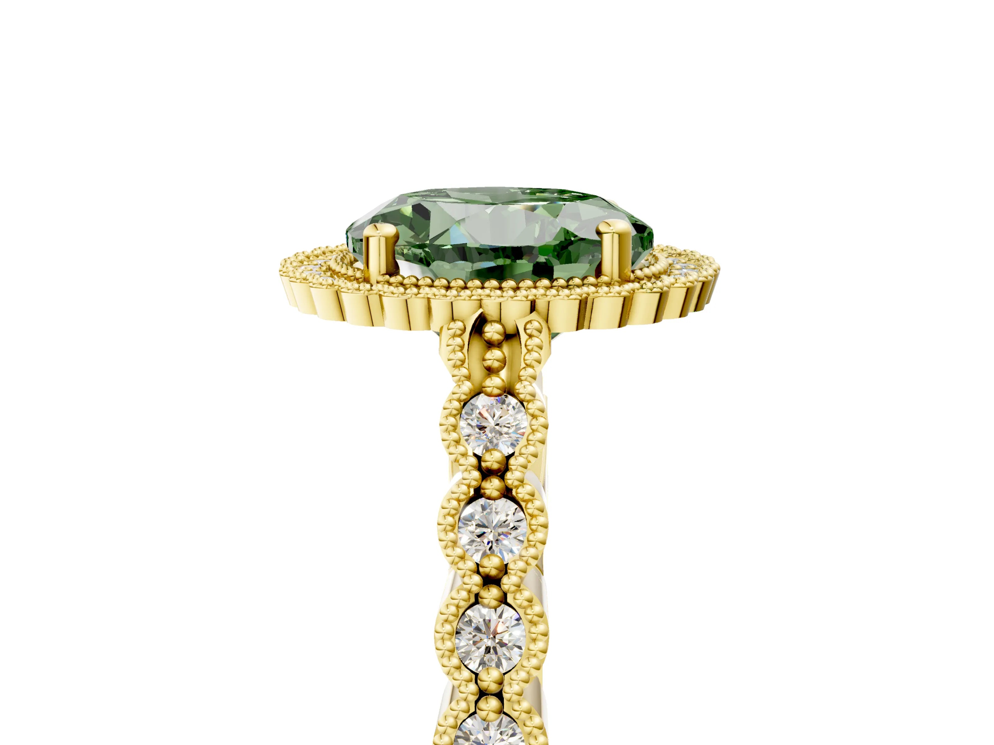 Yellow gold Fancy Green Round Cut Cut Halo Pavé Solitaire Ring with Milgrain Band_5