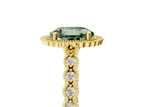 Yellow gold Fancy Green Round Cut Cut Halo Pavé Solitaire Ring with Milgrain Band_5