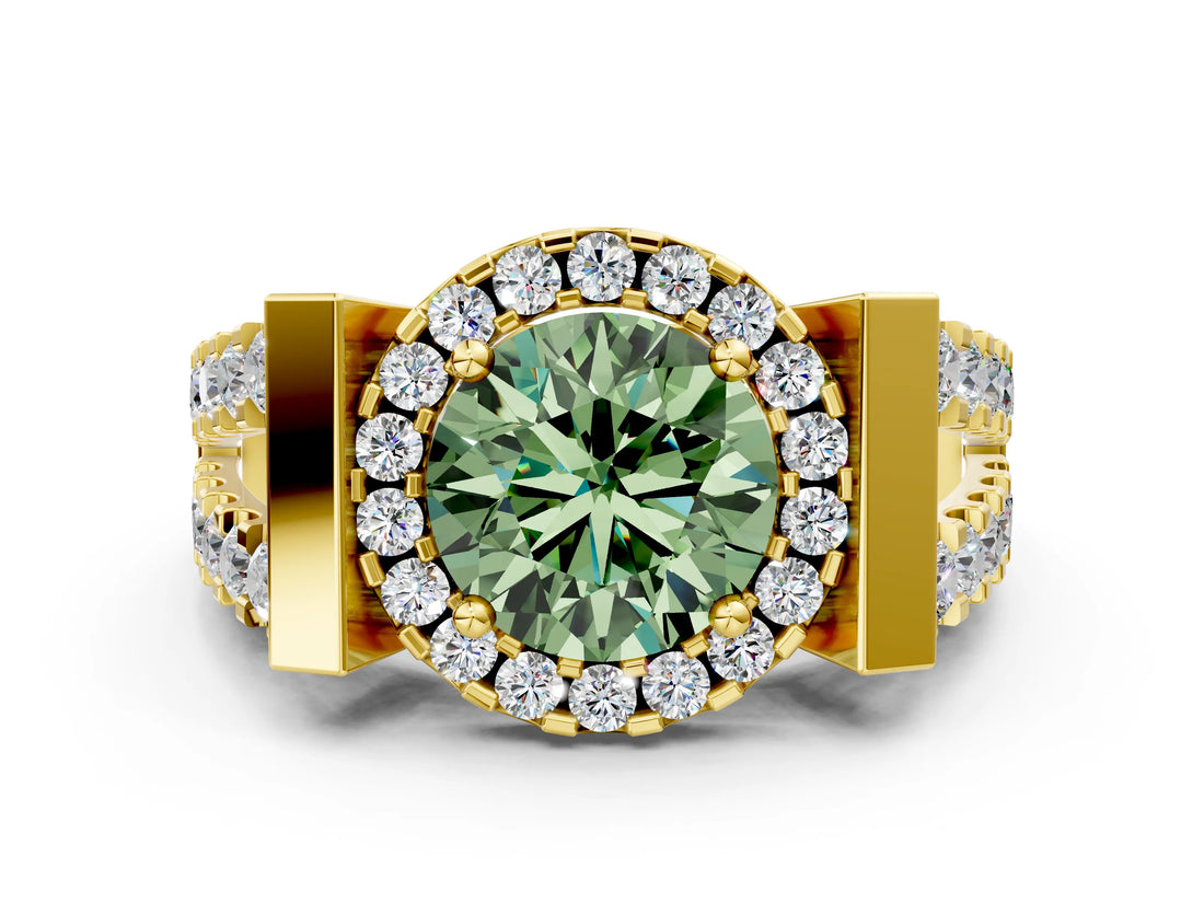 Yellow gold Fancy Green Round Cut Cut Halo Split Shank Prong Set Ring