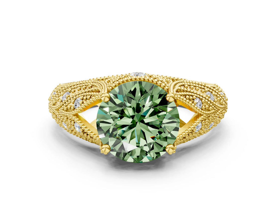 Yellow gold Fancy Green Round Cut Cut Milgrain Pave Diamond Engagement Ring with Four-Prong Setting_3