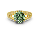 Yellow gold Fancy Green Round Cut Cut Milgrain Pave Diamond Engagement Ring with Four-Prong Setting_3