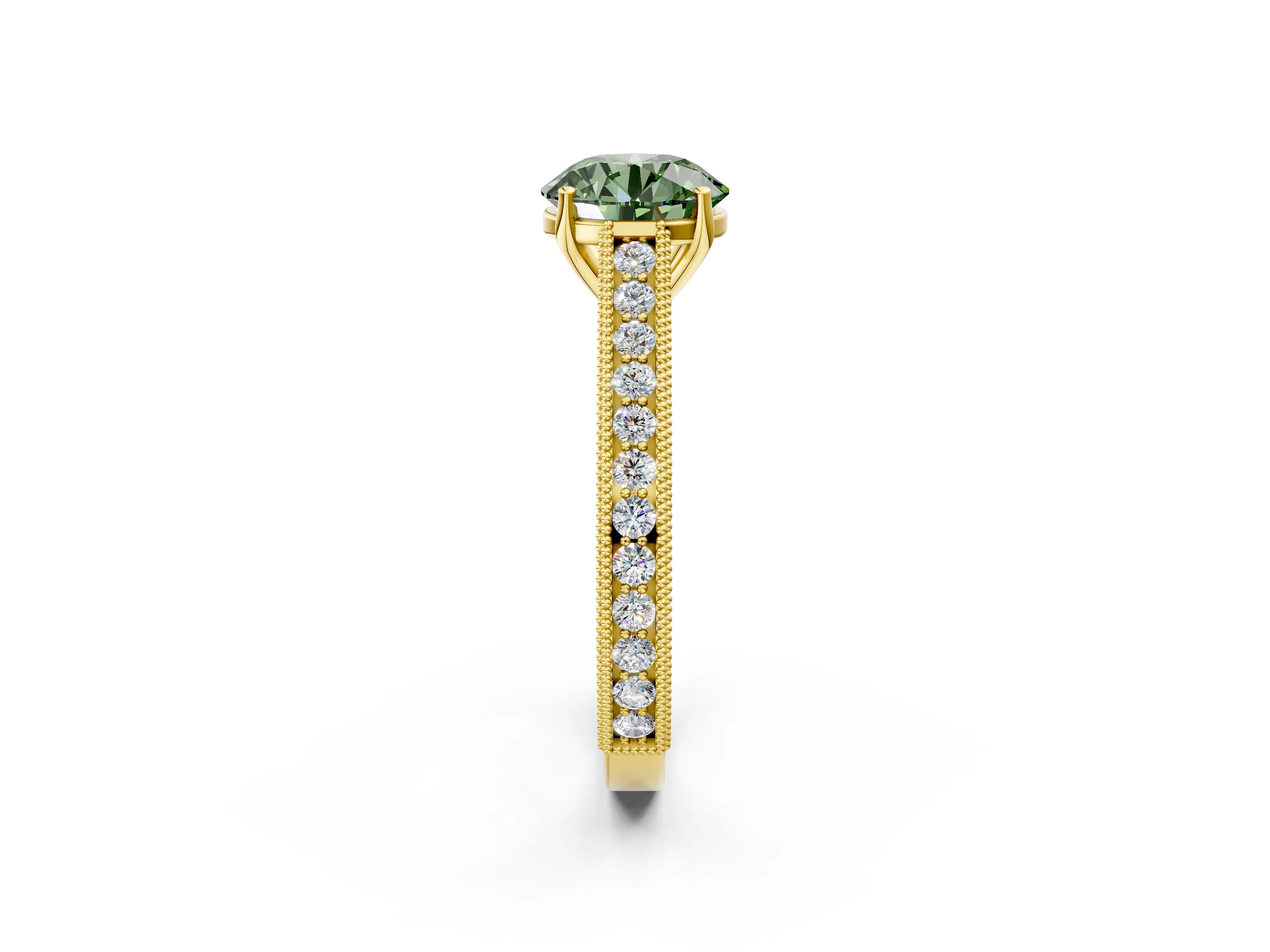 Yellow gold Fancy Green Round Cut Cut Pave Band Milgrain Solitaire Ring_13
