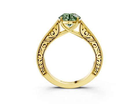 Yellow gold Fancy Green Round Cut Cut Pave Band Milgrain Solitaire Ring_14