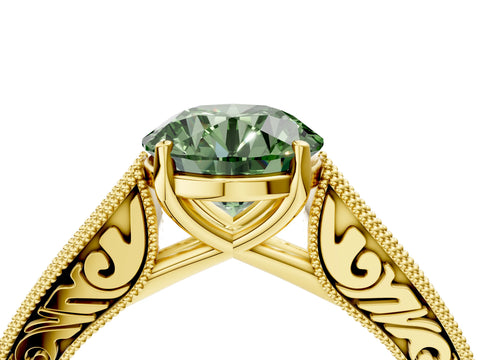 Yellow gold Fancy Green Round Cut Cut Pave Band Milgrain Solitaire Ring_15