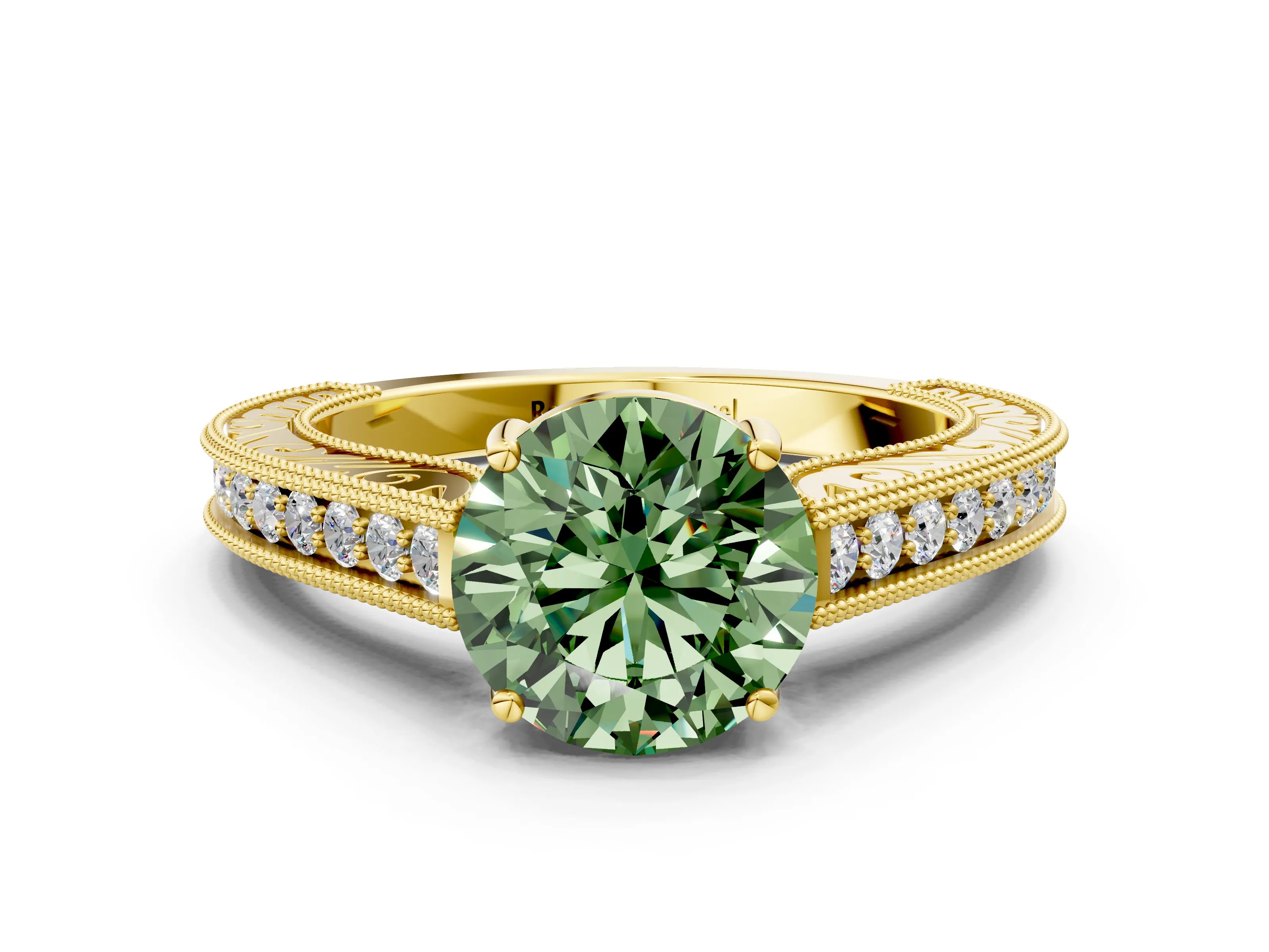 Yellow gold Fancy Green Round Cut Cut Pave Band Milgrain Solitaire Ring_23