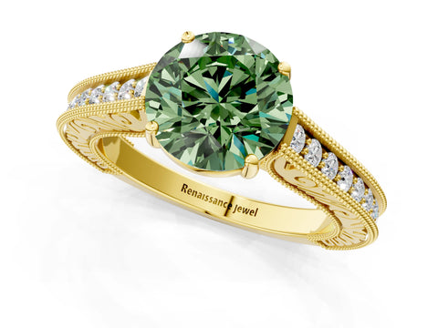 Yellow gold Fancy Green Round Cut Cut Pave Band Milgrain Solitaire Ring_24