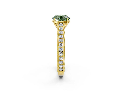 Yellow gold Fancy Green Round Cut Cut Pave Band Milgrain Solitaire Ring_25