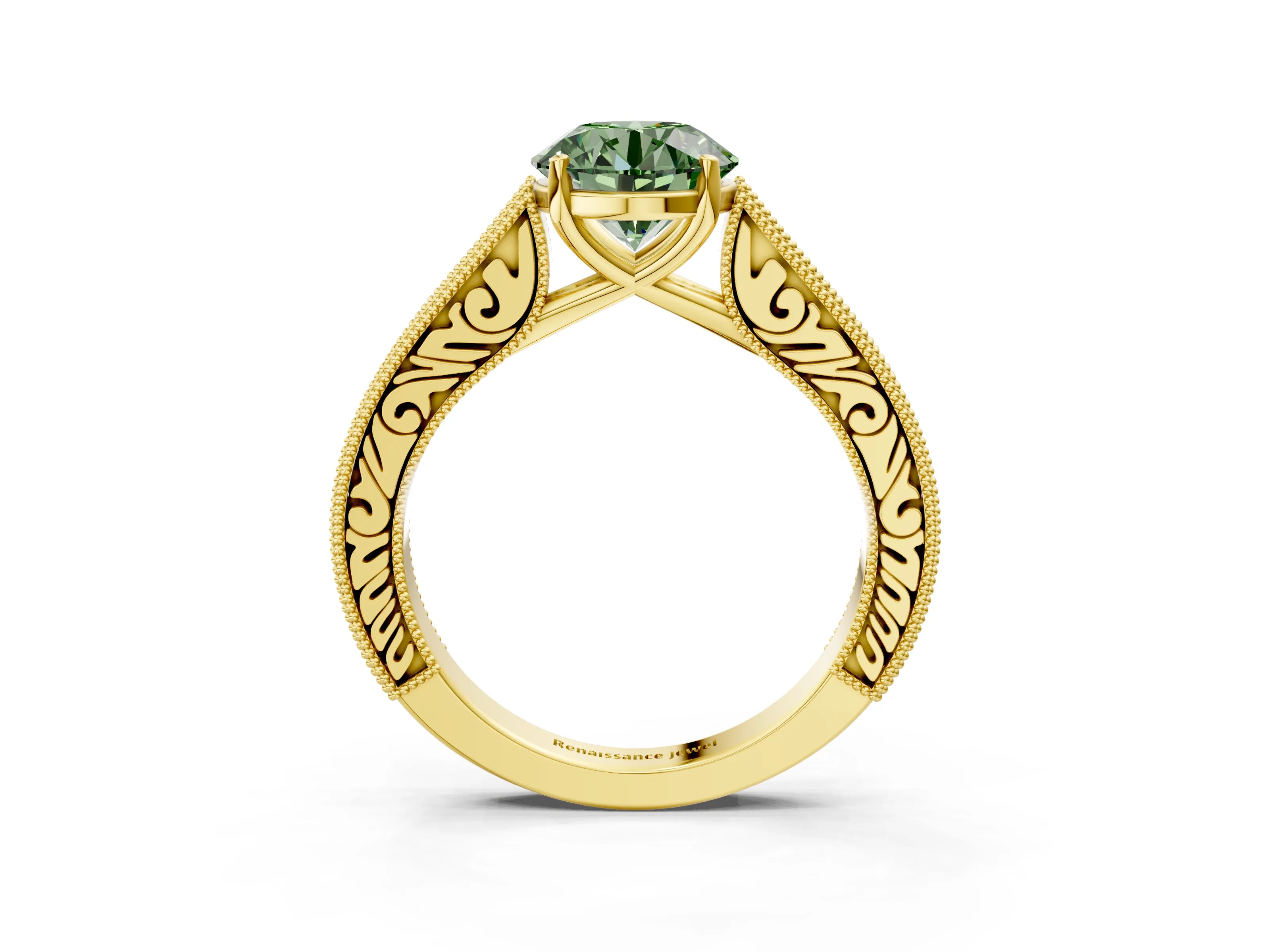 Yellow gold Fancy Green Round Cut Cut Pave Band Milgrain Solitaire Ring_26