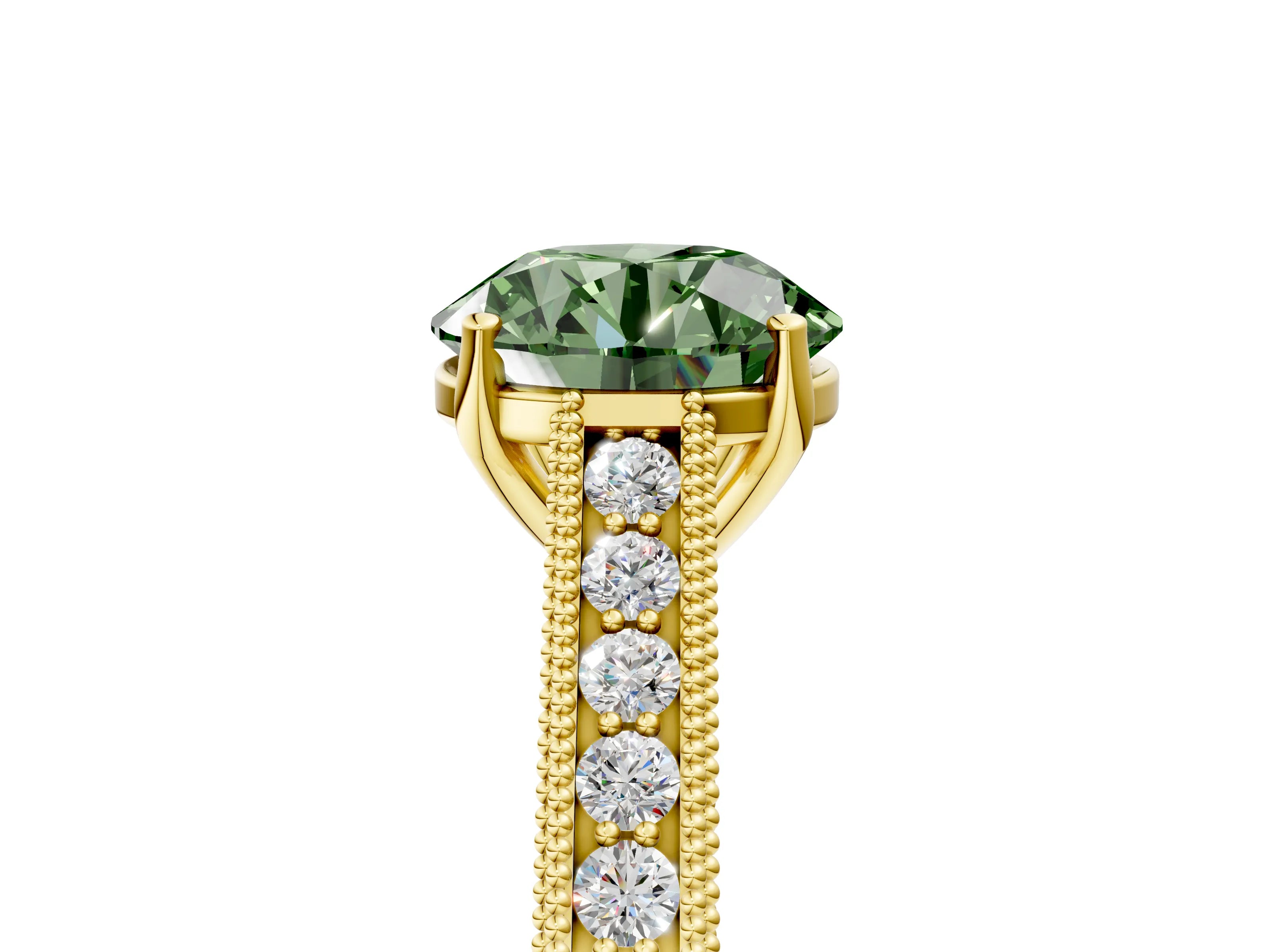 Yellow gold Fancy Green Round Cut Cut Pave Band Milgrain Solitaire Ring_5