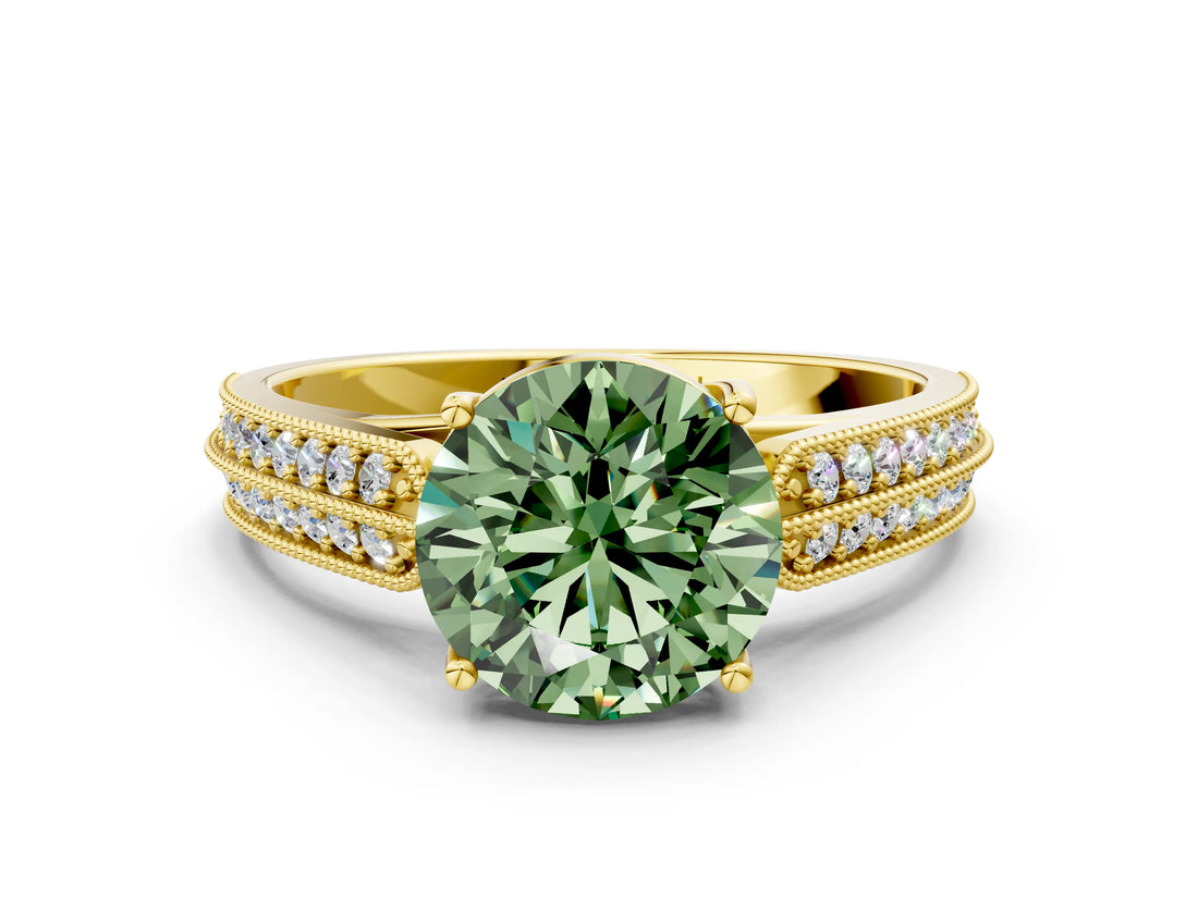 Yellow gold Fancy Green Round Cut Cut Pave Split Shank Engagement Ring with Four-Prong Setting