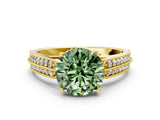 Yellow gold Fancy Green Round Cut Cut Pave Split Shank Engagement Ring with Four-Prong Setting