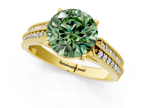 Yellow gold Fancy Green Round Cut Cut Pave Split Shank Engagement Ring with Four-Prong Setting_1