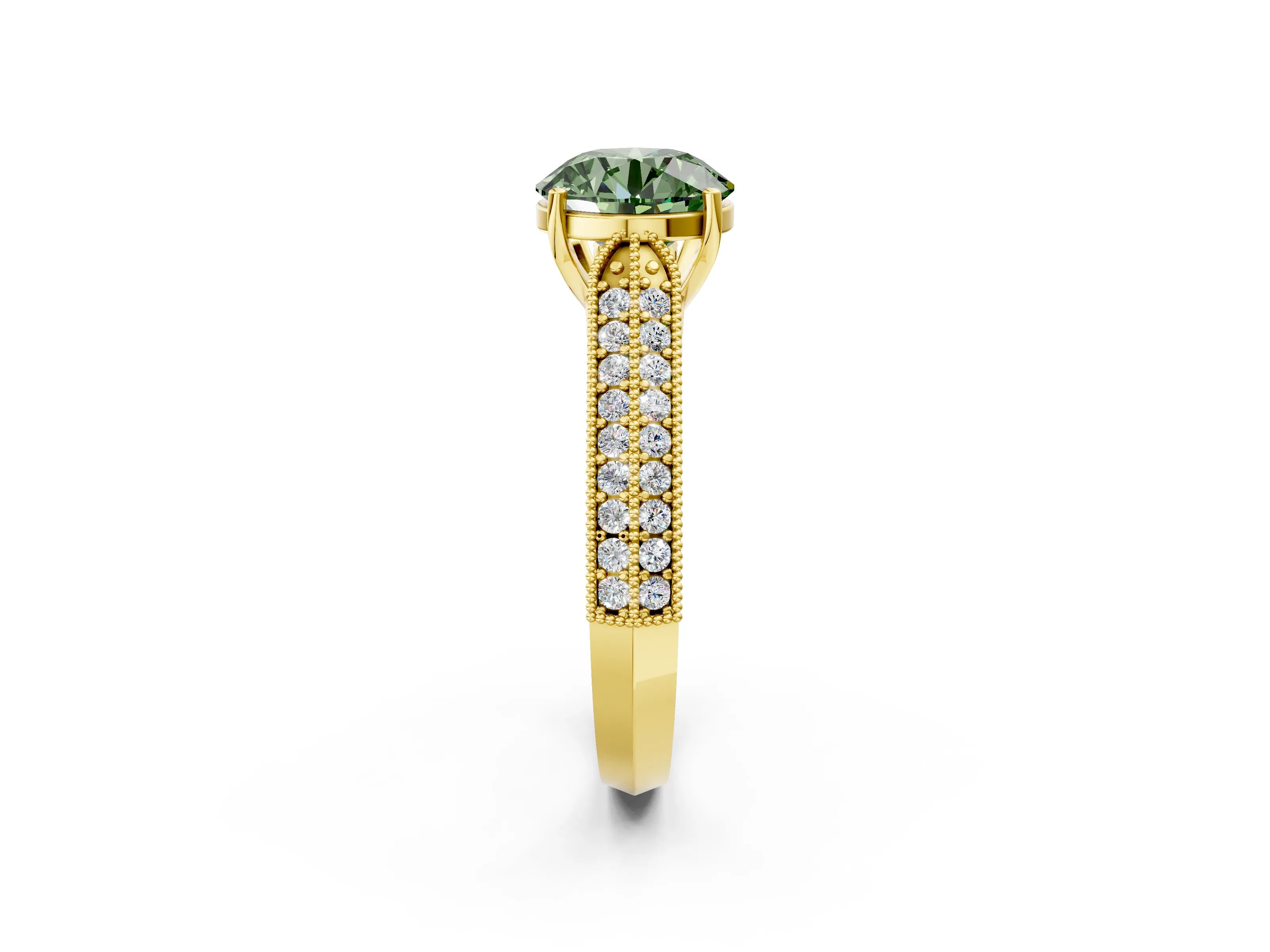Yellow gold Fancy Green Round Cut Cut Pave Split Shank Engagement Ring with Four-Prong Setting_2
