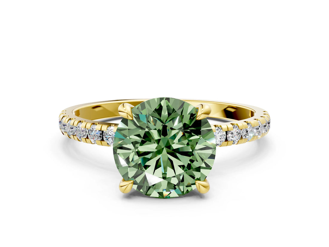 Yellow gold Fancy Green Round Cut Diamond Brilliant Solitaire Ring with Pavé Band and Four-Prong Setting_12