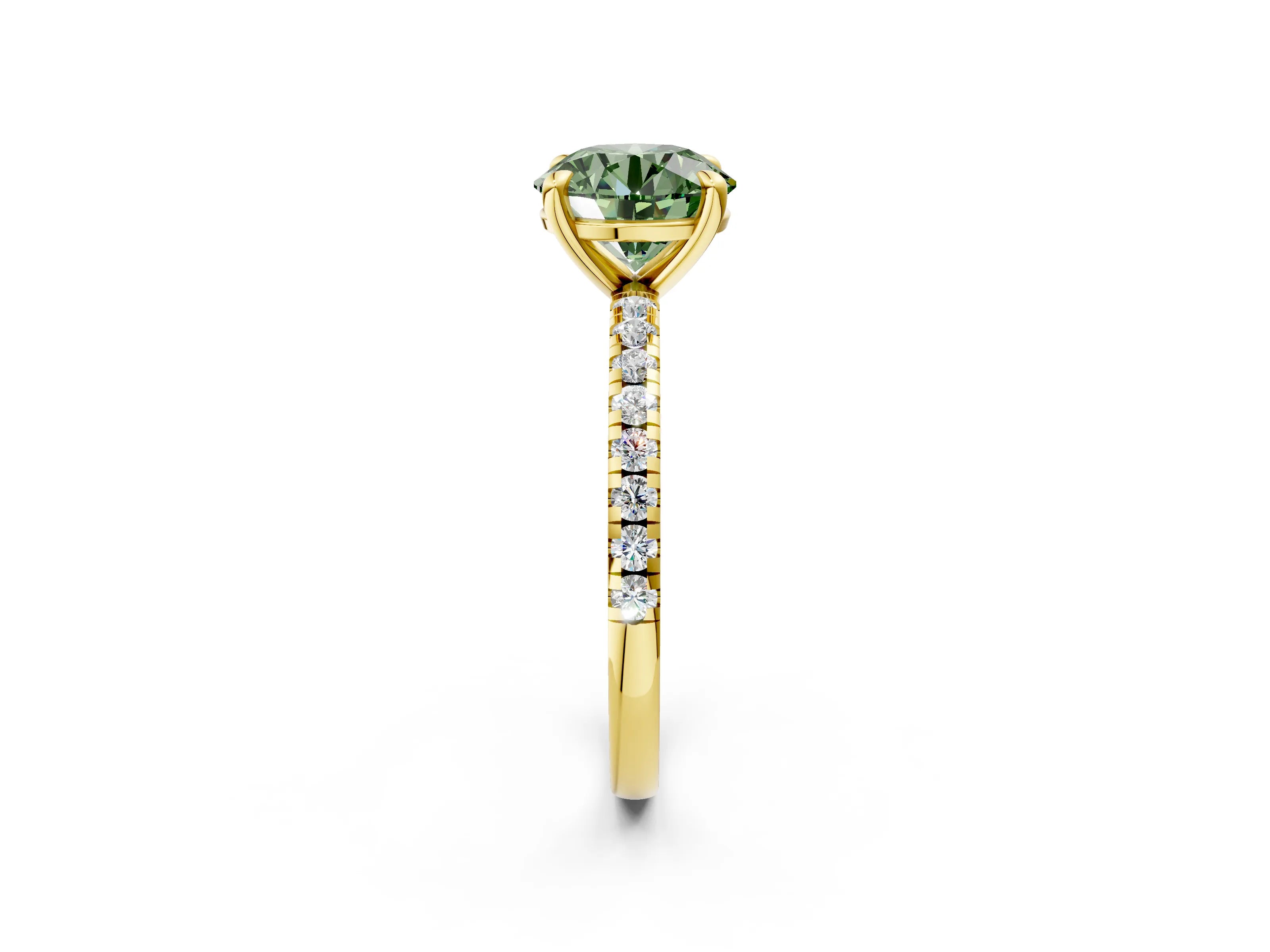 Yellow gold Fancy Green Round Cut Diamond Brilliant Solitaire Ring with Pavé Band and Four-Prong Setting_2