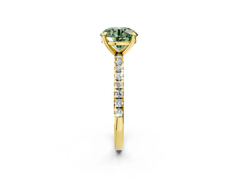 Yellow gold Fancy Green Round Cut Diamond Brilliant Solitaire Ring with Pavé Band and Four-Prong Setting_2