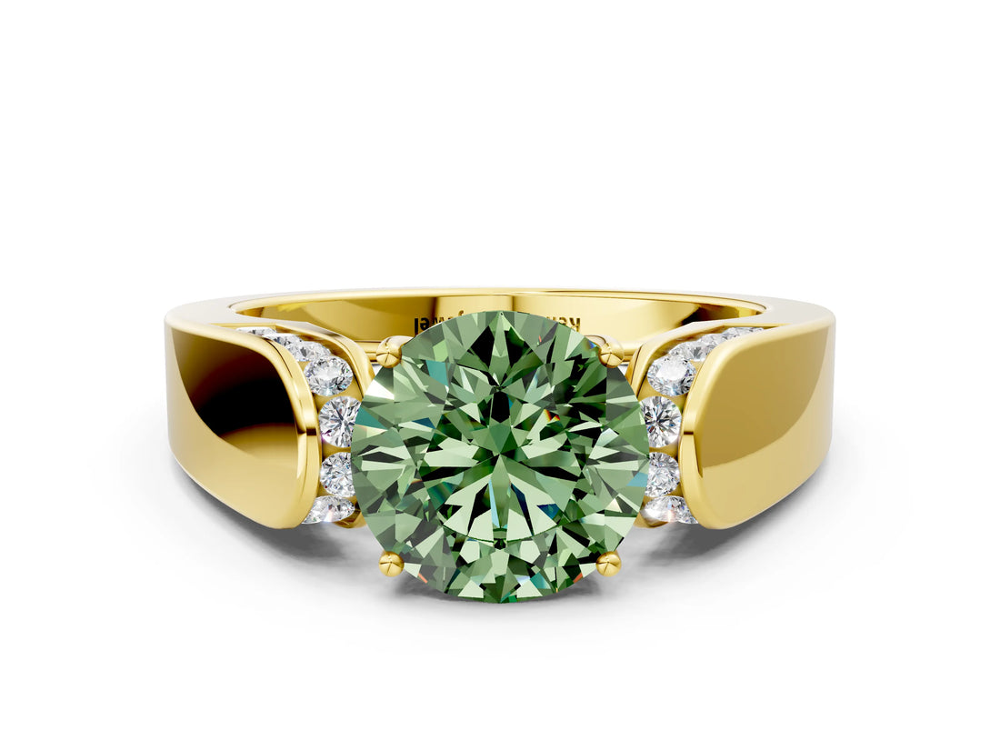 Yellow gold Fancy Green Round Cut Diamond Channel Set Solitaire Ring with Four-Prong Setting_12