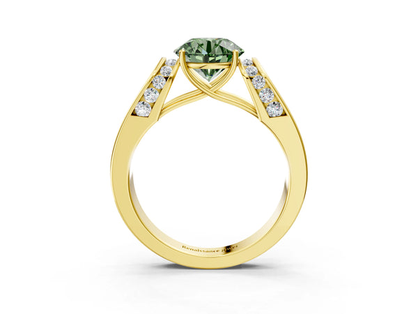 Yellow Gold Round Channel Set Engagement Ring Setting for Fancy Green Center with Wide Band