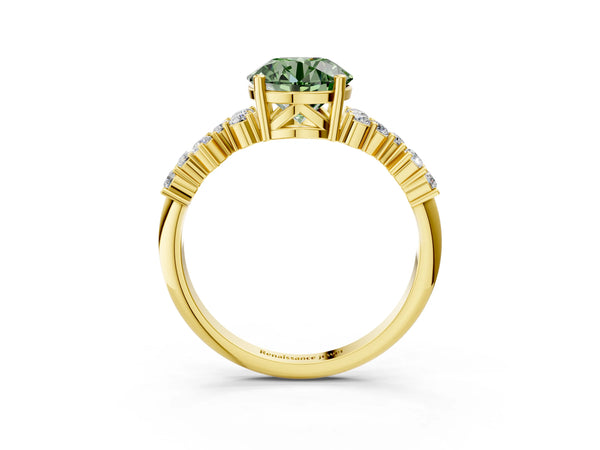 Yellow gold Fancy Green Round Cut Diamond Cluster Pavé Band with Four-Prong Setting