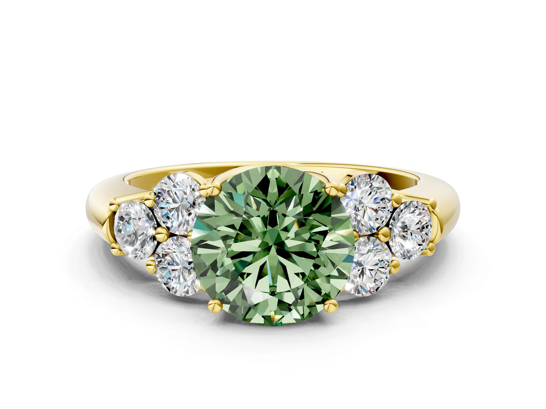 Yellow gold Fancy Green Round  Cut Diamond Cluster Ring with Round Accent Stones and Prong Setting on a Classic Band_52