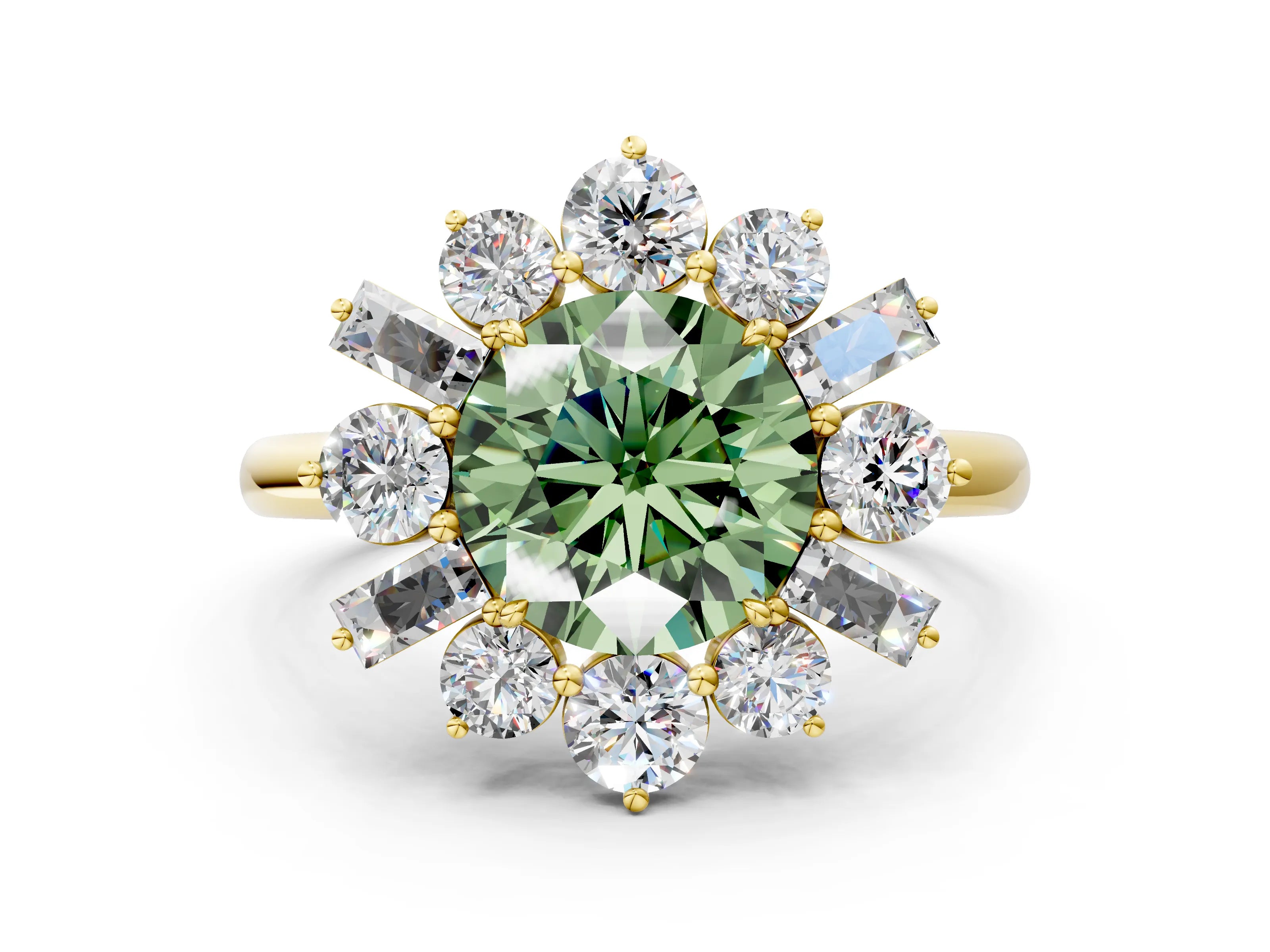 Yellow gold Fancy Green Round Cut Diamond Cluster Ring with Round and Baguette Stones, Split Shank Band, Prong Setting