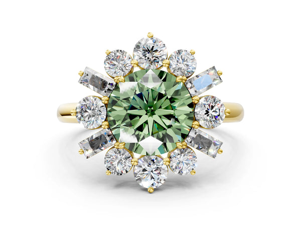 Yellow gold Fancy Green Round Cut Diamond Cluster Ring with Round and Baguette Stones, Split Shank Band, Prong Setting
