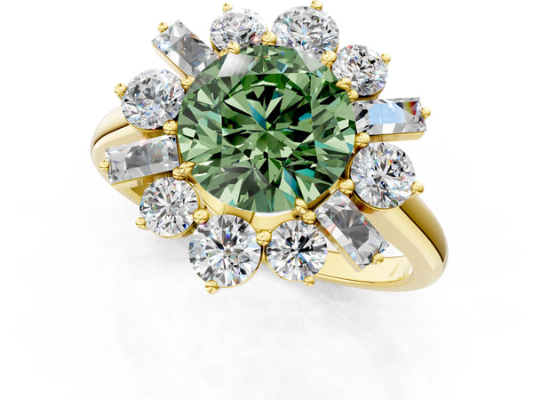 Yellow gold Fancy Green Round Cut Diamond Cluster Ring with Round and Baguette Stones, Split Shank Band, Prong Setting