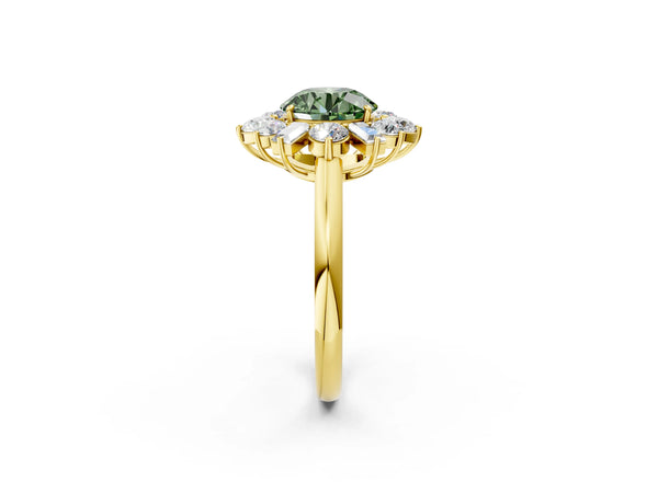 Yellow gold Fancy Green Round Cut Diamond Cluster Ring with Round and Baguette Stones, Split Shank Band, Prong Setting