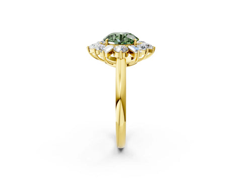 Yellow gold Fancy Green Round Cut Diamond Cluster Ring with Round and Baguette Stones, Split Shank Band, Prong Setting_2