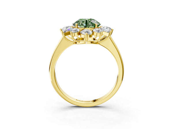 Yellow gold Fancy Green Round Cut Diamond Cluster Ring with Round and Baguette Stones, Split Shank Band, Prong Setting