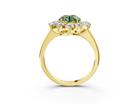 Yellow gold Fancy Green Round Cut Diamond Cluster Ring with Round and Baguette Stones, Split Shank Band, Prong Setting_3