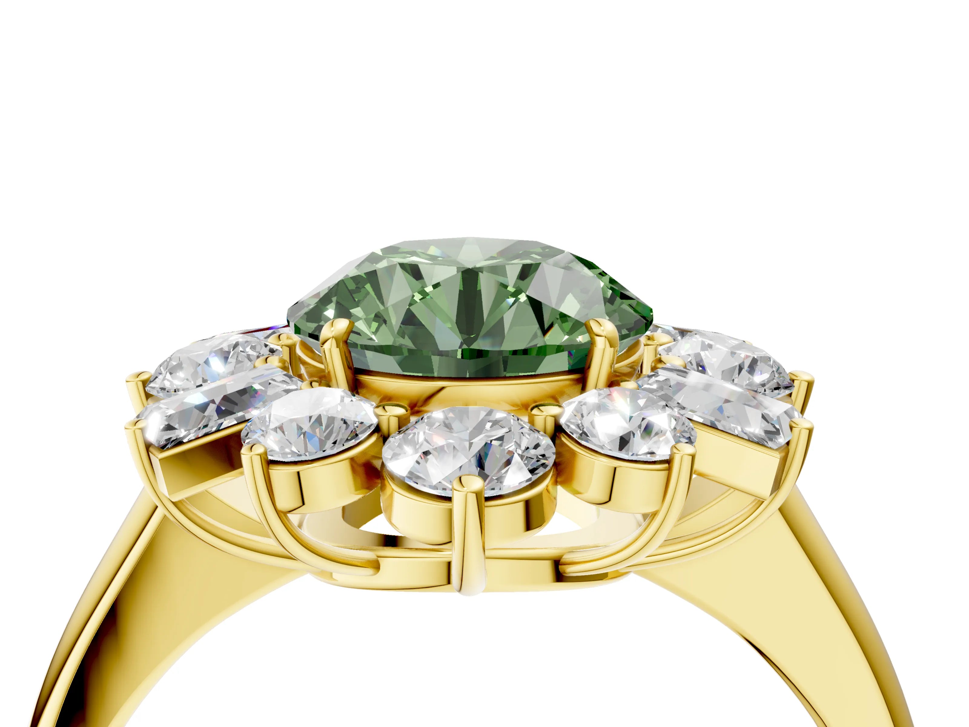 Yellow gold Fancy Green Round Cut Diamond Cluster Ring with Round and Baguette Stones, Split Shank Band, Prong Setting_4