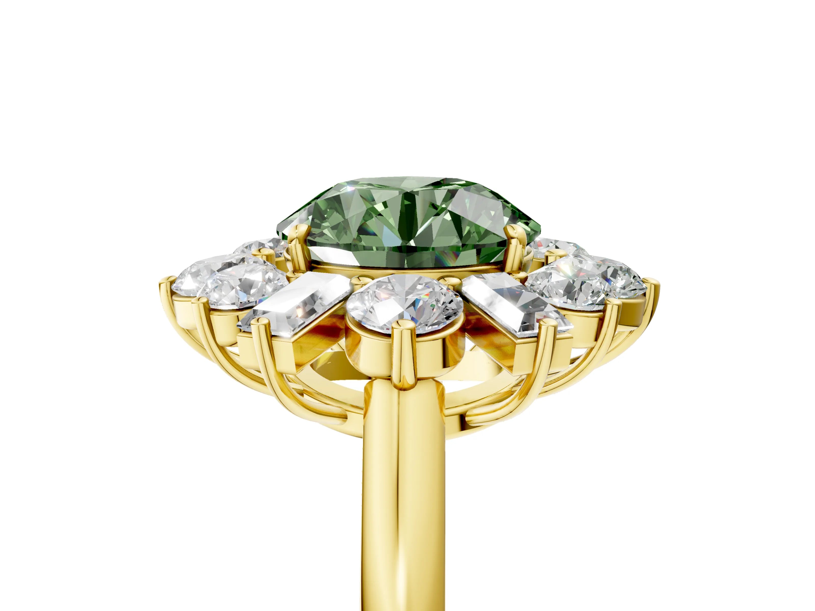 Yellow gold Fancy Green Round Cut Diamond Cluster Ring with Round and Baguette Stones, Split Shank Band, Prong Setting_5