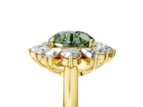 Yellow gold Fancy Green Round Cut Diamond Cluster Ring with Round and Baguette Stones, Split Shank Band, Prong Setting_5