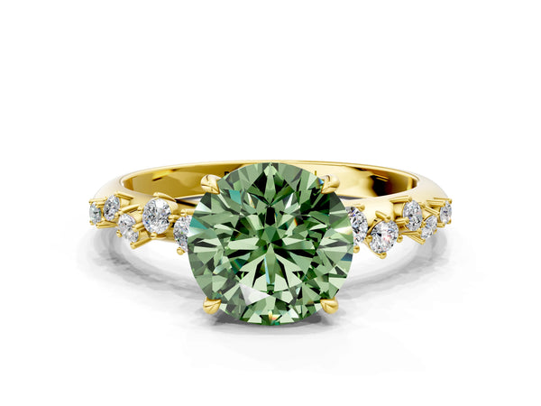 Yellow gold Fancy Green Round Cut Diamond Cluster Side Stone Solitaire Ring with Prong Setting