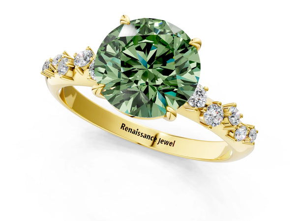 Yellow gold Fancy Green Round Cut Diamond Cluster Side Stone Solitaire Ring with Prong Setting