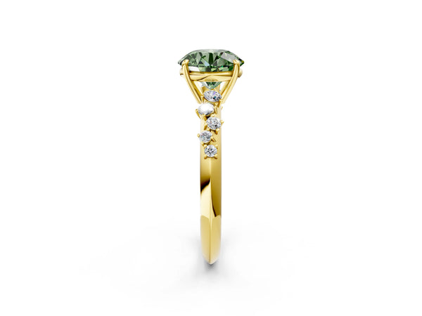 Yellow gold Fancy Green Round Cut Diamond Cluster Side Stone Solitaire Ring with Prong Setting