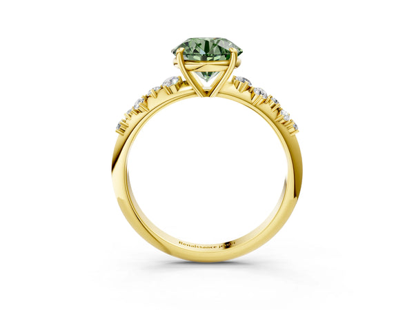 Yellow gold Fancy Green Round Cut Diamond Cluster Side Stone Solitaire Ring with Prong Setting