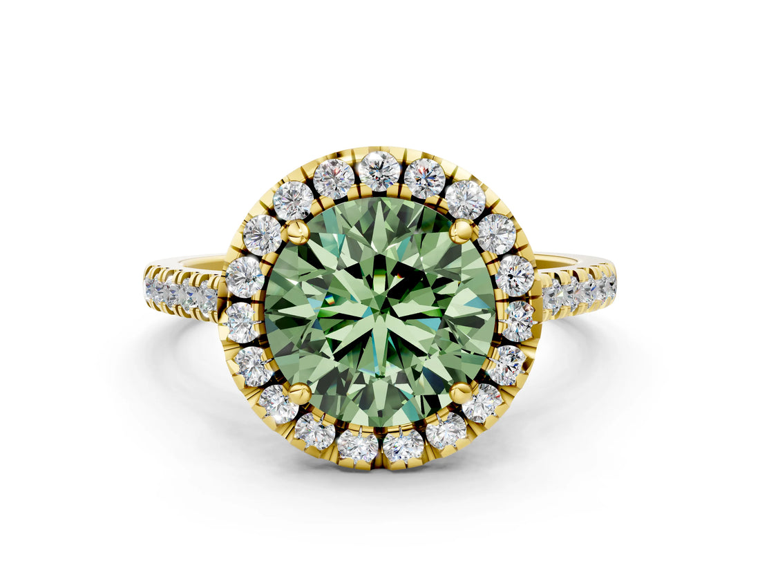 Yellow gold Fancy Green Round Cut Diamond Cushion Halo Ring with Pavé Band
