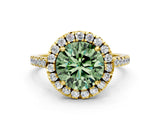 Yellow gold Fancy Green Round Cut Diamond Cushion Halo Ring with Pavé Band